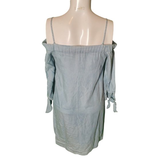 Ella Moss Blue Chambray Off Shoulder Boho Shift Dress Lyocell Bow Detail Sz S - Picture 4 of 6